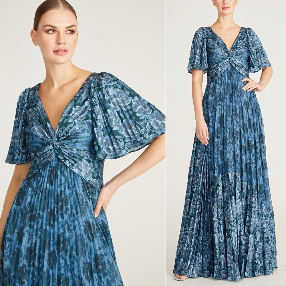 THEIA Mabella Blue Floral Pleated Satin Twist A-Line Gown Flutter NWT 2